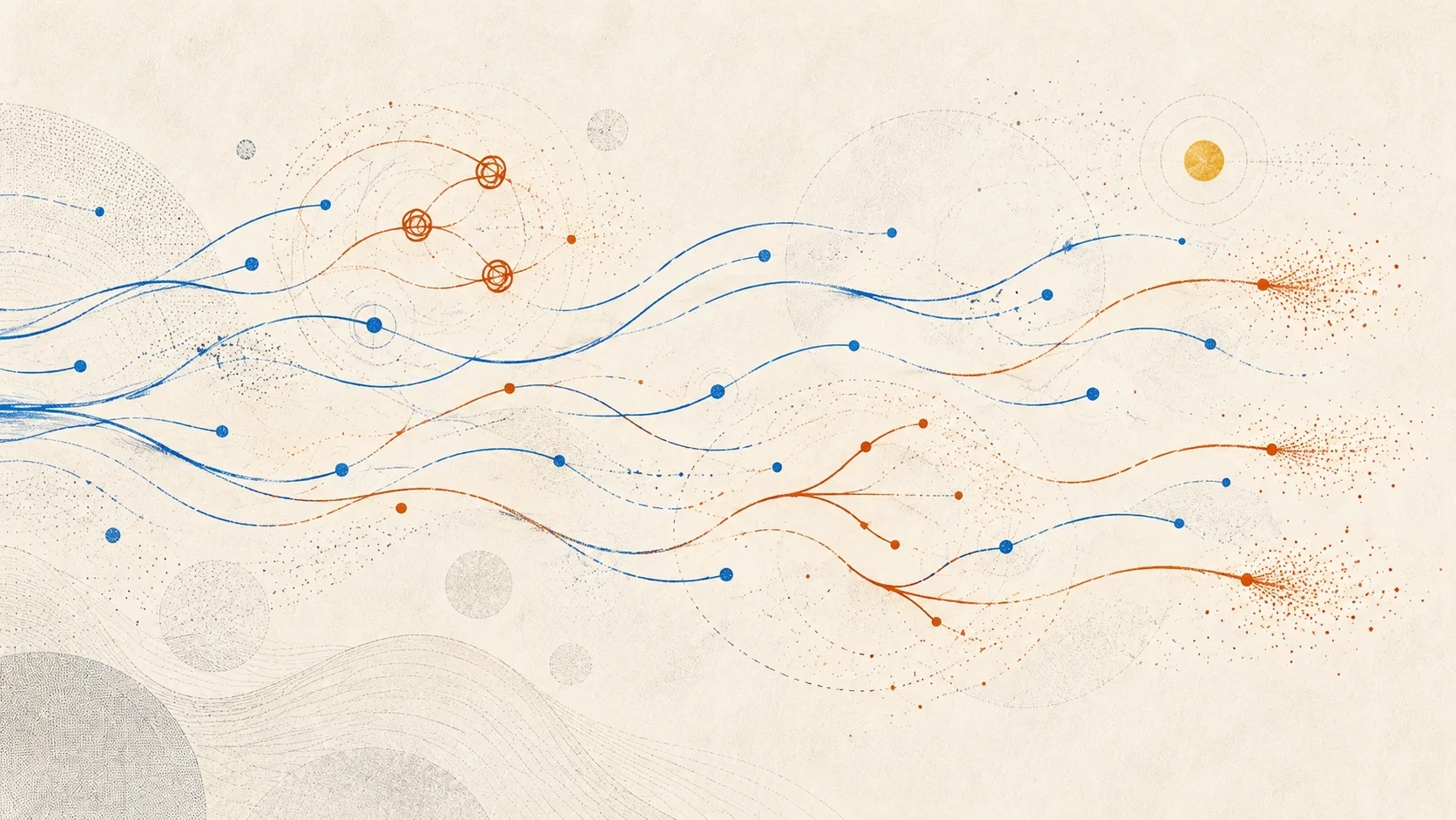 Blue trace lines with orange strokes that knot, fork, and fray in the same recurring ways