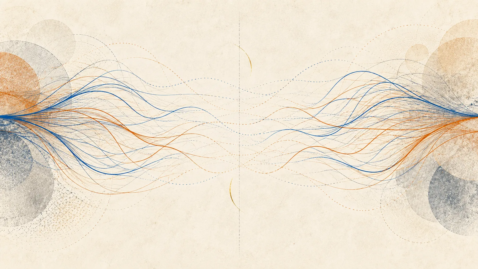 Unlabeled blue and orange trajectories separating into two mirrored groups across a faint vertical axis