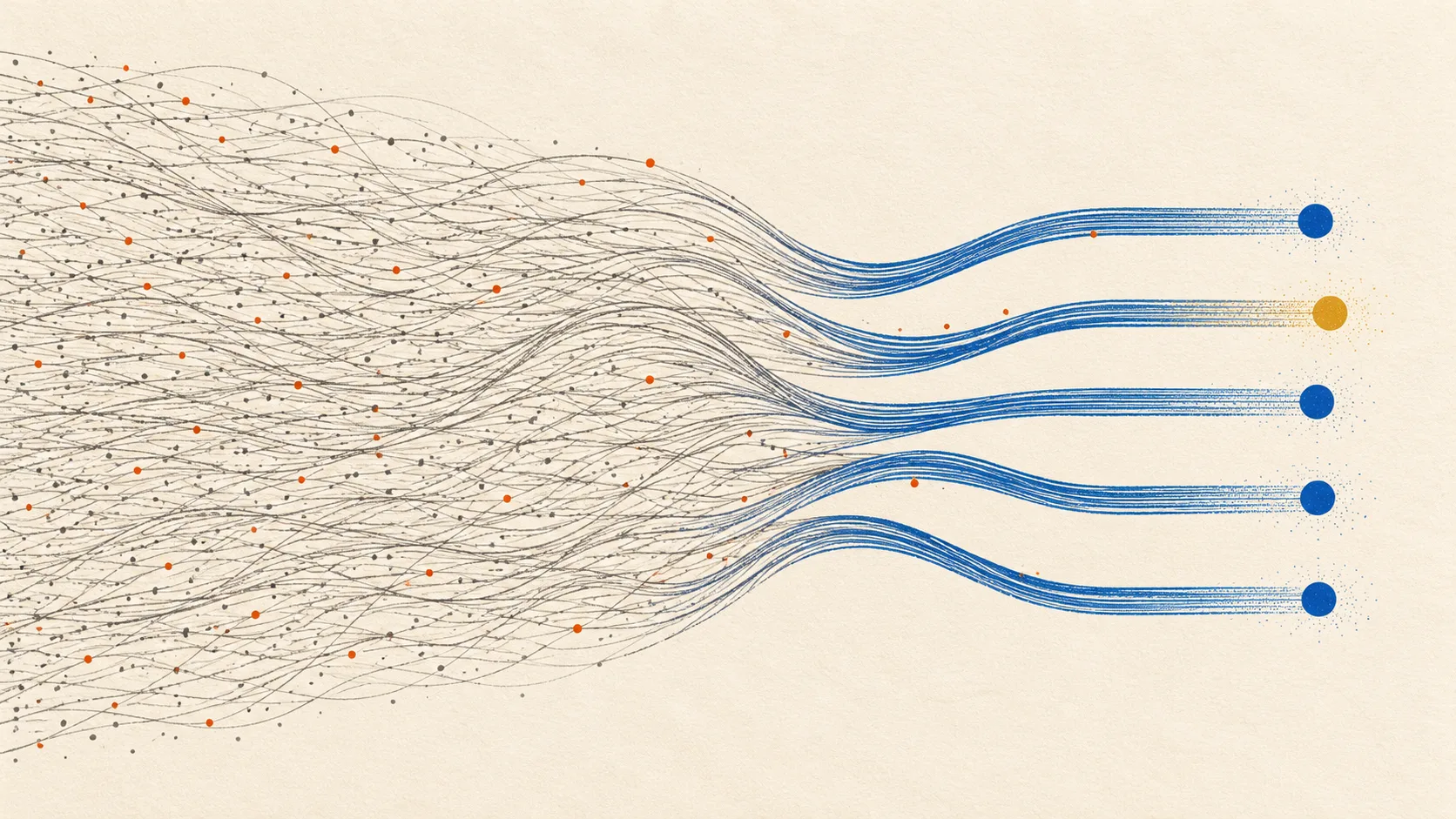 Many thin grey trace lines gathered into a few tidy blue bundles that each end in a ranked marker