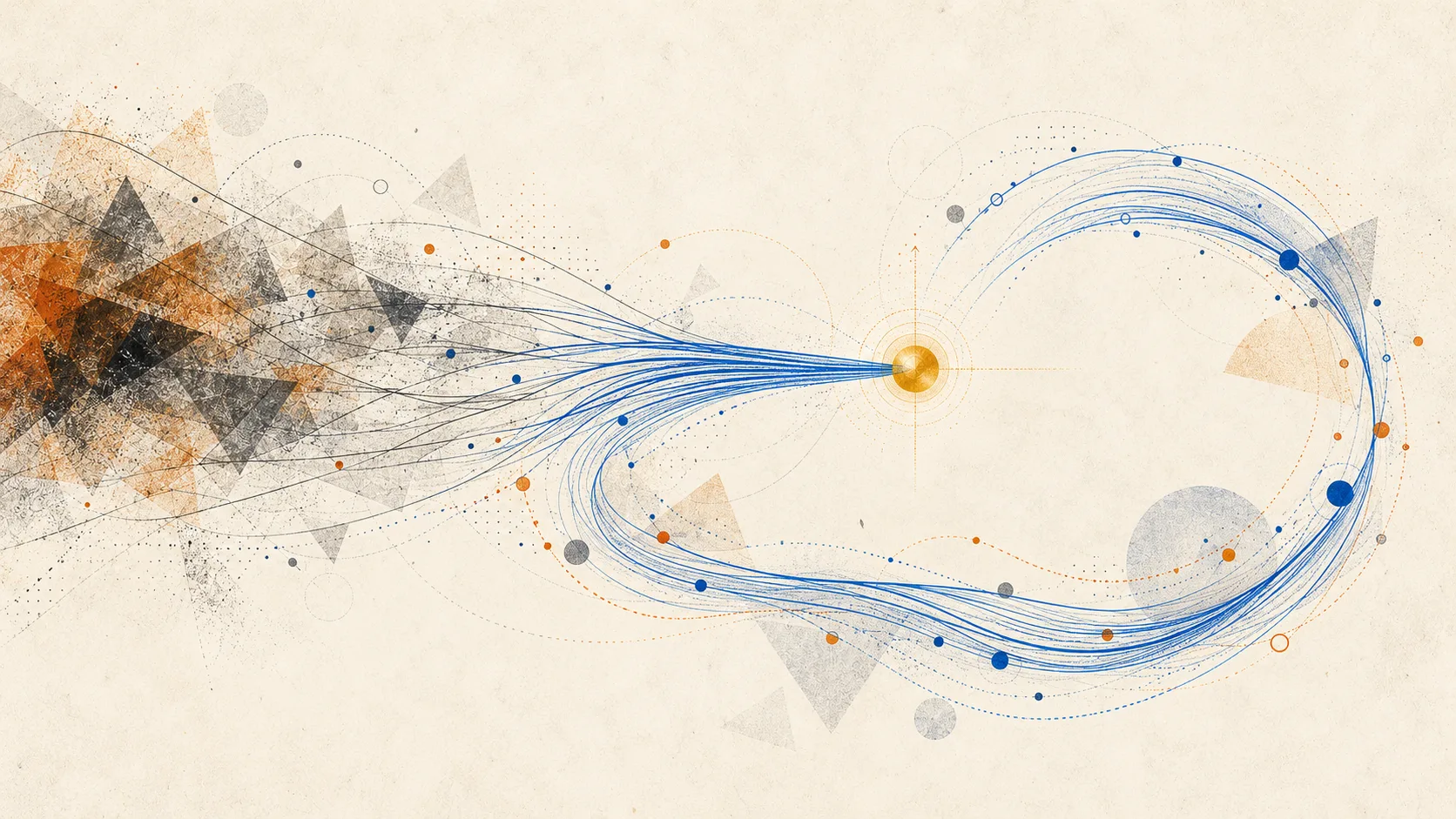 Grey trace lines combed into blue strands that pass a golden marker and curve back into a continuous loop