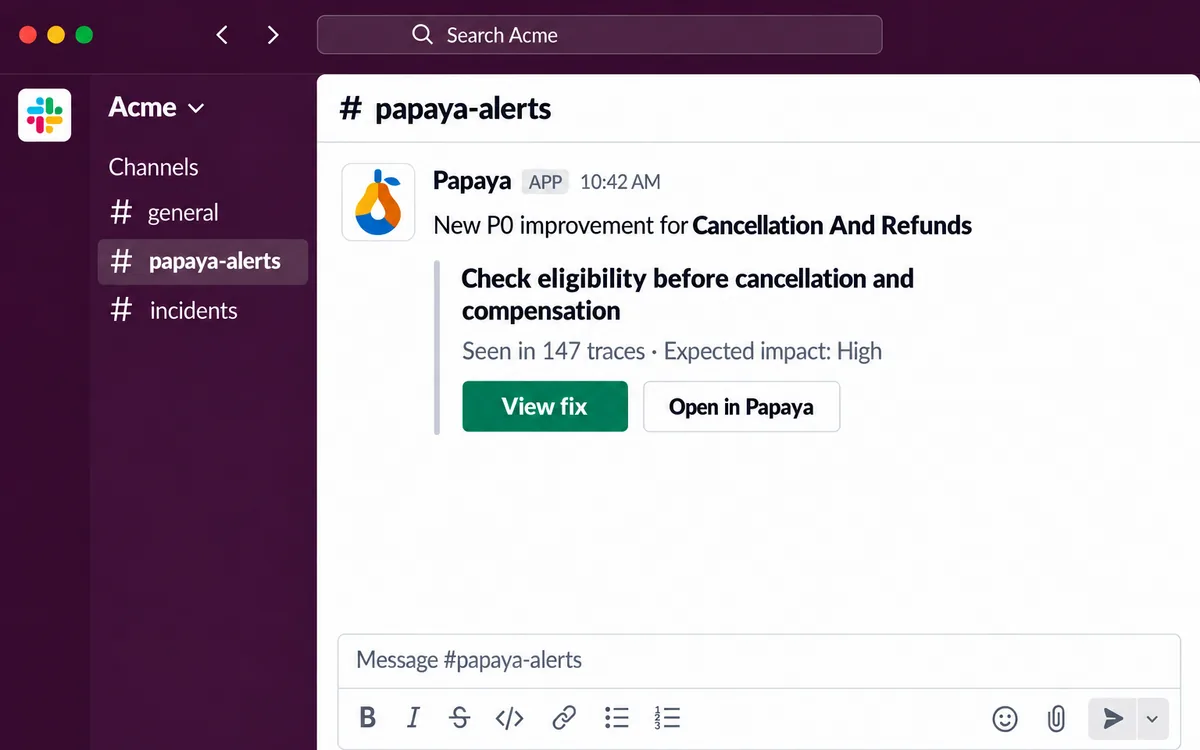 Papaya posting a P0 improvement to a Slack channel